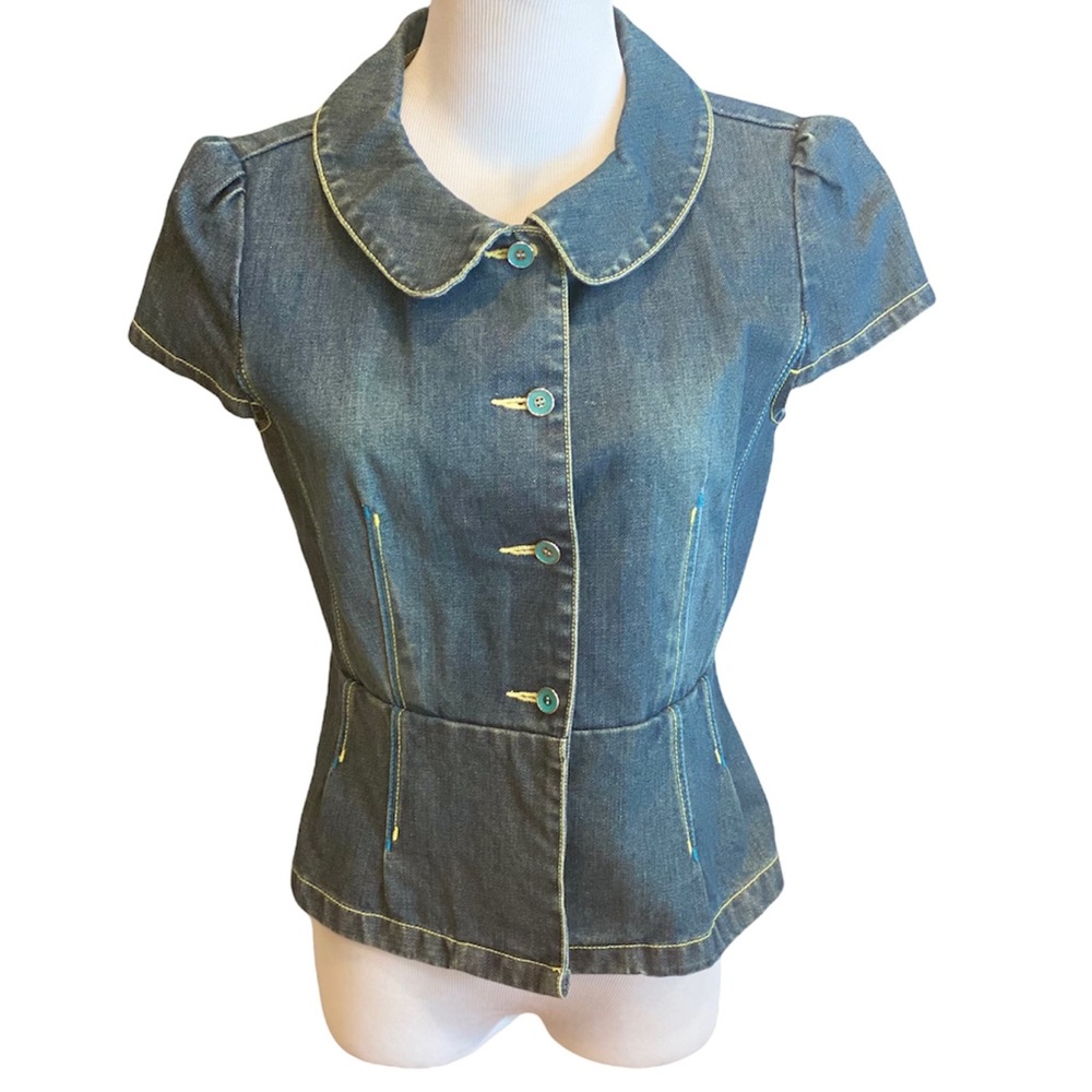 Retro Denim Jean Peplum Top Button Front Blue Western Cowgirl S Country Rodeo - Picture 2 of 9